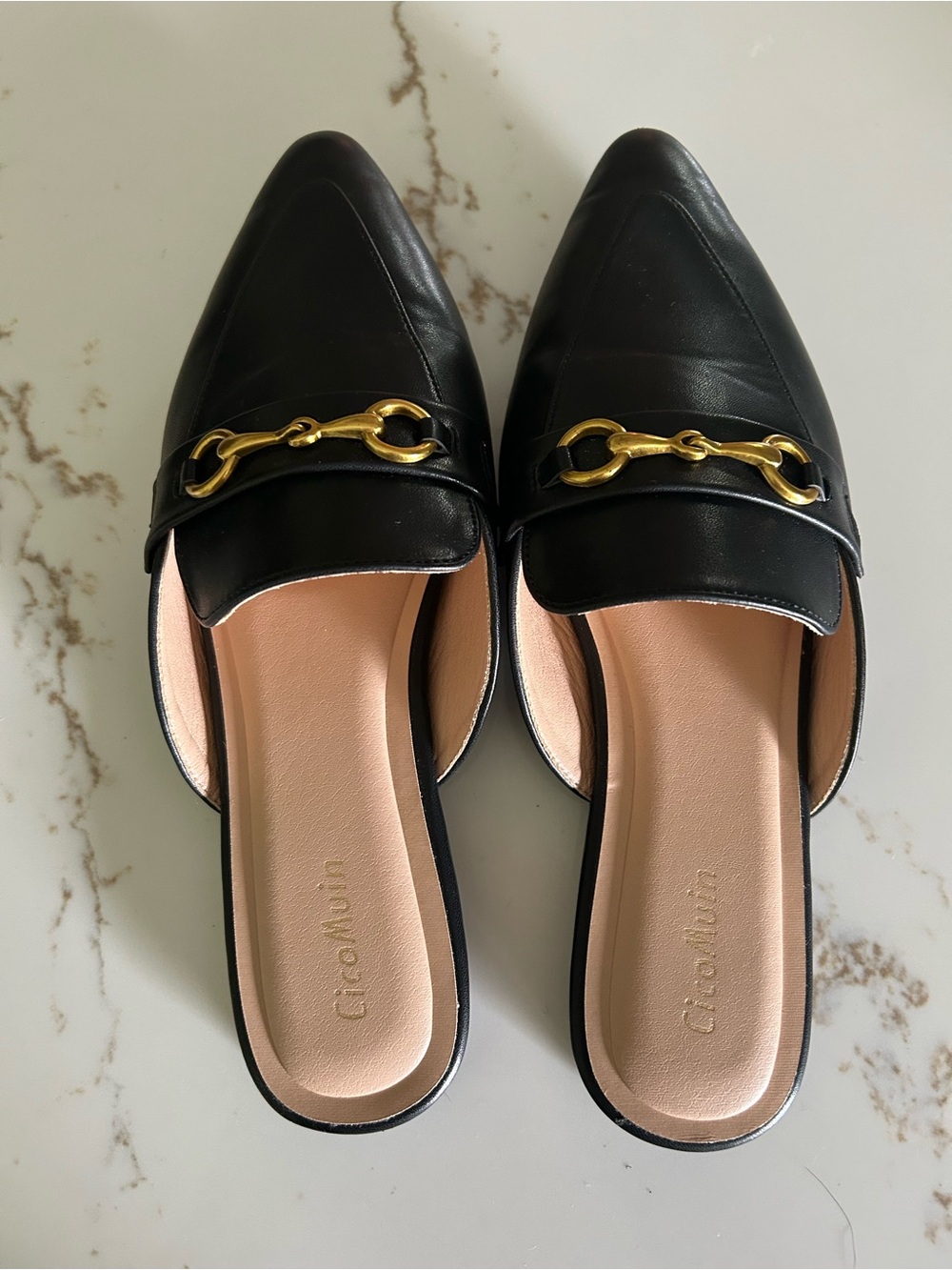 Black Leather Slip-On Mules with Gold Bit Detail - Women-Size 10 - Picture 3 of 7